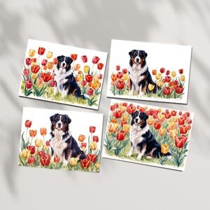 Bernese Moutain Dog in a Field of Tulips, Spring Collection Blank Note Card Set